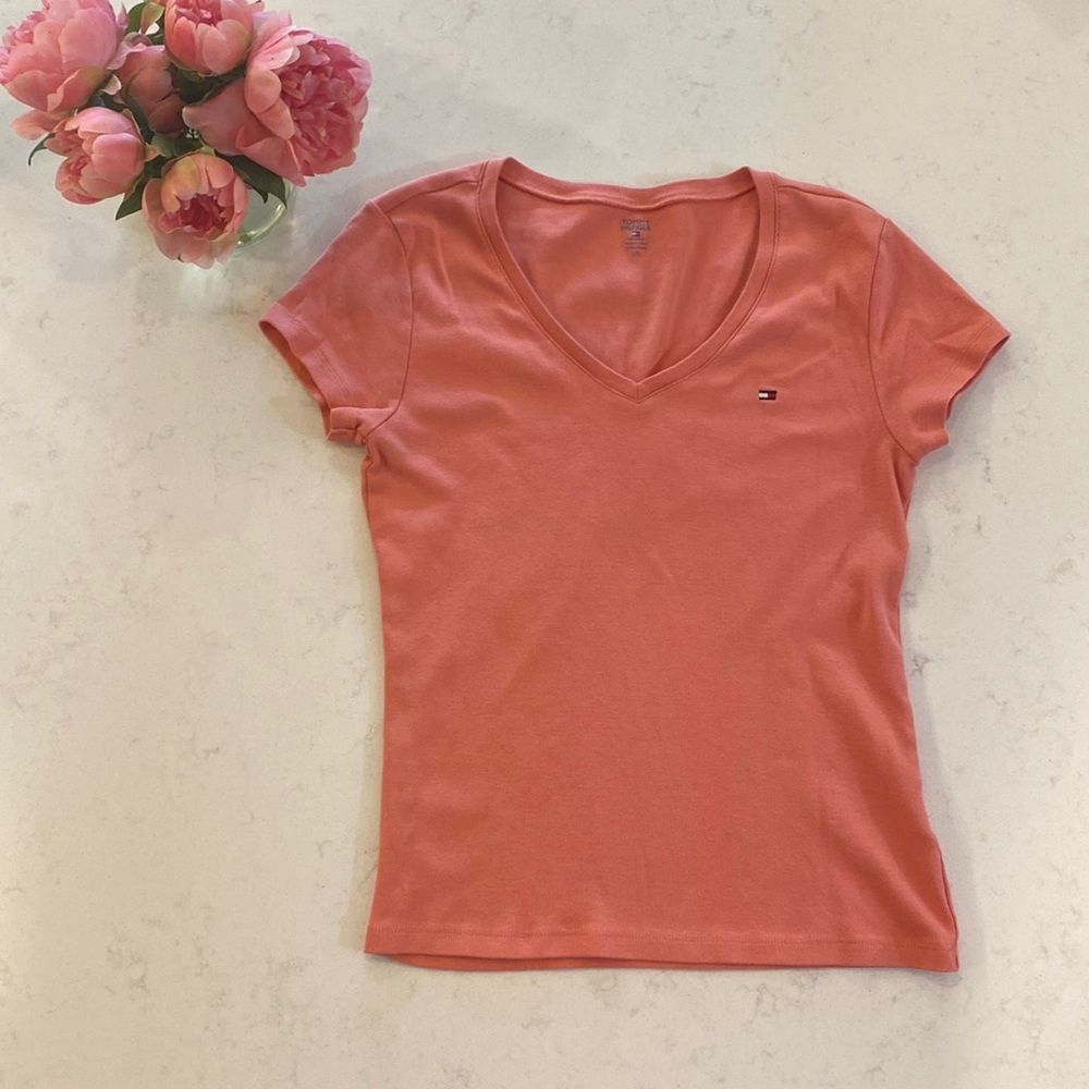 Vintage Tommy Hilfiger V Neck Orange Short Sleeve Tee Shirt Size Large